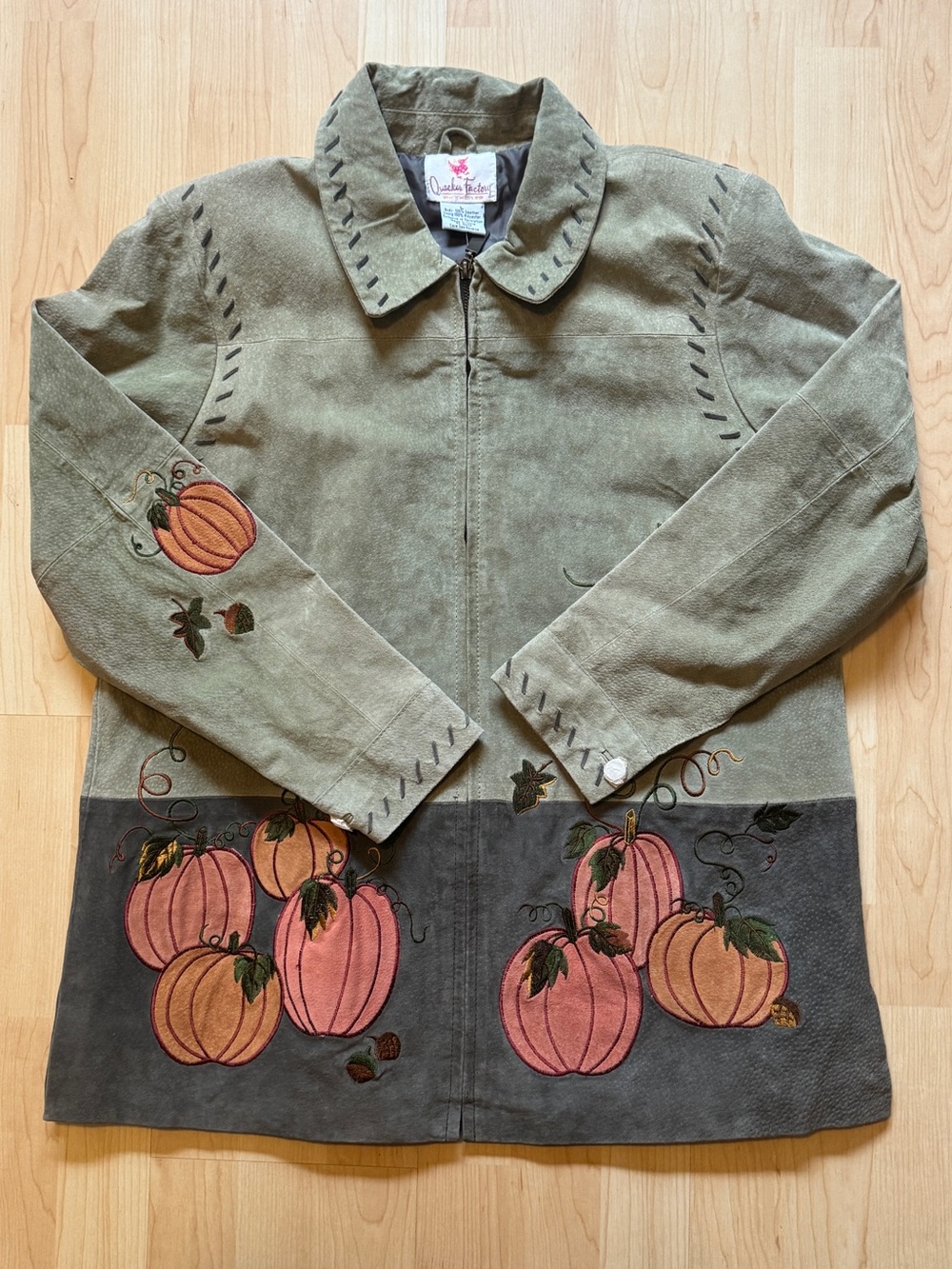 NWT The Quaker Factory Women's Suede Green Fall Pumpkin Jacket Size L Zipper